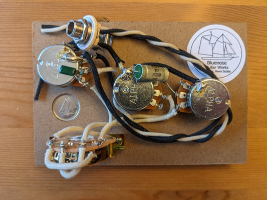Pre-wired S-type Wiring Harness - 250k ALPHA Pots - 0.022 0.047 uF with your choice of Caps - FREE COPPER SHIELDING